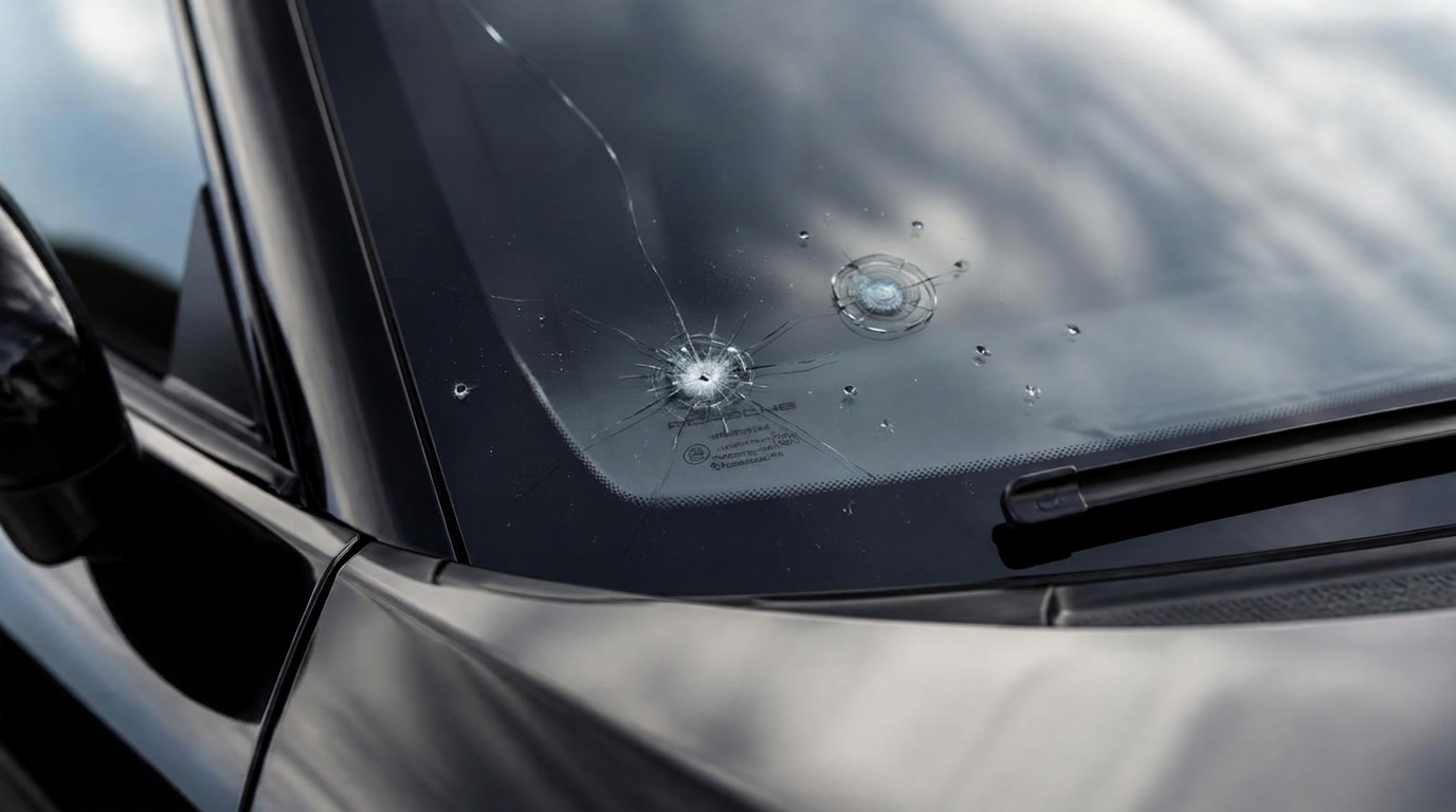 Porsche 911 windshield close-up — unprotected, showing rock chip damage